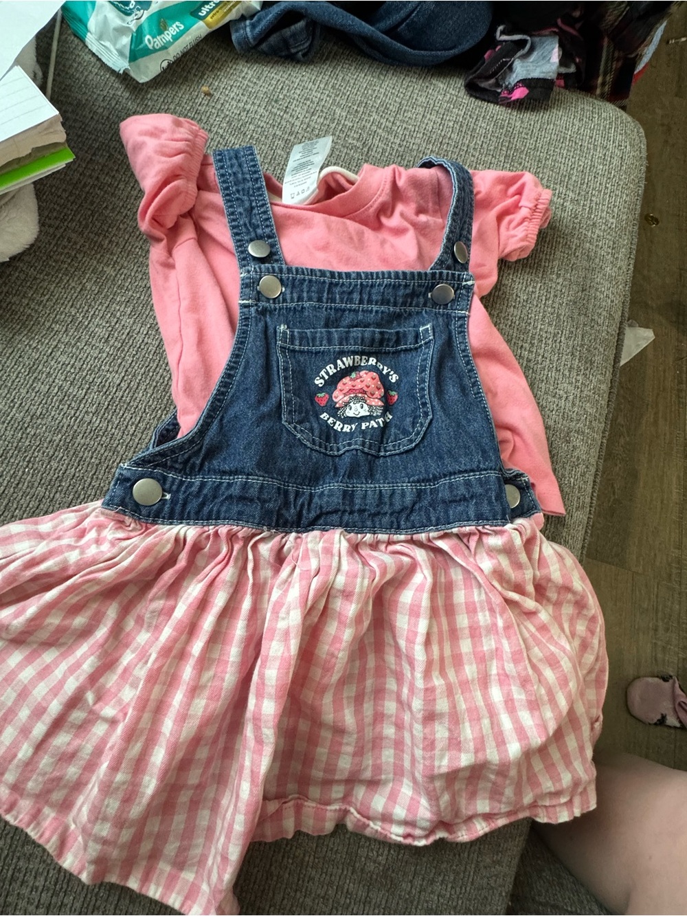 Strawberry Patch Pink Gingham Denim Overall Dress for Kids